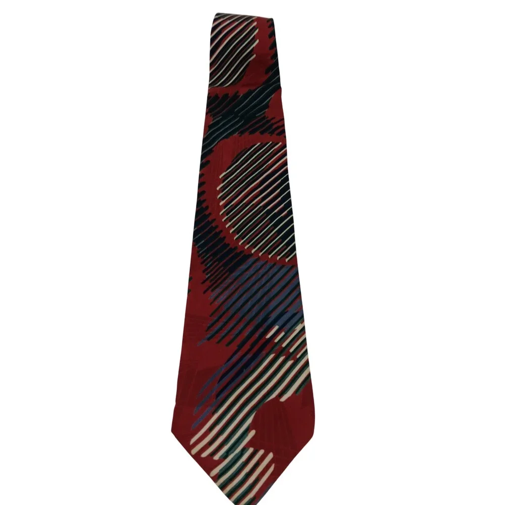 Zylos George Machado Tie Mens Red Black Blue Abstract Striped 100% Silk Necktie